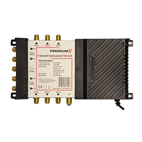 PremiumX PXMS 5/6 Multischalter Multiswitch mit Netzteil Switsh für 6 Teilnehmer SAT Signal Verteiler Matrix FullHD HDTV 4K