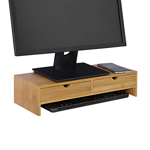 SoBuy FRG198-N Monitor Bildschirm Ständer Monitorerhöhung Bildschirmerhöher Monitorständer Tischaufsatz aus Bambus mit 2 Schubladen BHT ca.: 47x18x11cm