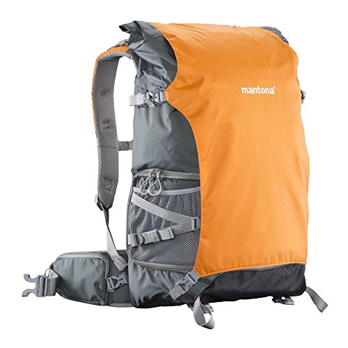 Mantona ElementsPro 50 Outdoor und Kamerarucksack (geeignet für 1 bis 2 Kameras, 4 bis 5 Objektive, Netzteil und Zubehör, Laptop-Fach bis 15 Zoll, aus praktischem Nylon mit Regenschutz) grau/orange