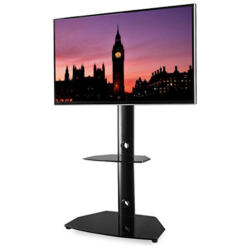 RFIVER Universal TV Ständer für 27-55 Zoll Fernsehtisch Rack Bodenständer Höhenverstellbar Schwenkbar mit Zwei Glas Regalen Schwarz TF7001