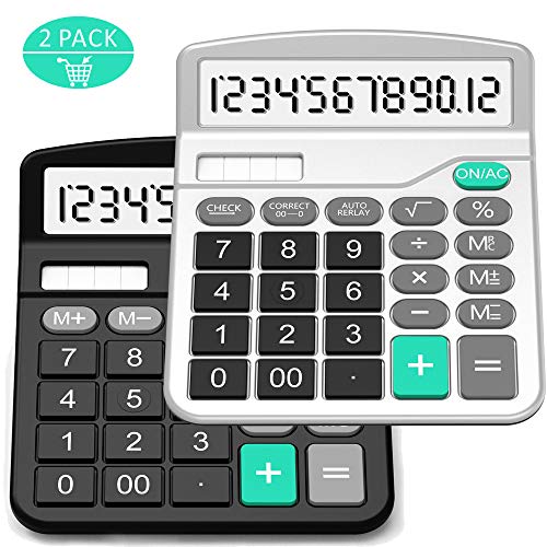 Taschenrechner, Splaks 2 Pack 12-stellig Standard Funktion Tischrechner Bürorechner Rechenmaschine Solar- und AA Batterie betrieb Calculator mit großem Display (Schwarz + Silber)