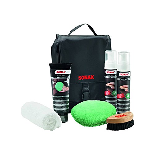 SONAX 281941 PremiumClass Leder-Pflege-Set, inkl. 2x Lederreiniger, 1x Lederpflegecreme, 1x Microfasertuch, 1x Pflegepad, 1x Reinigungsbürste