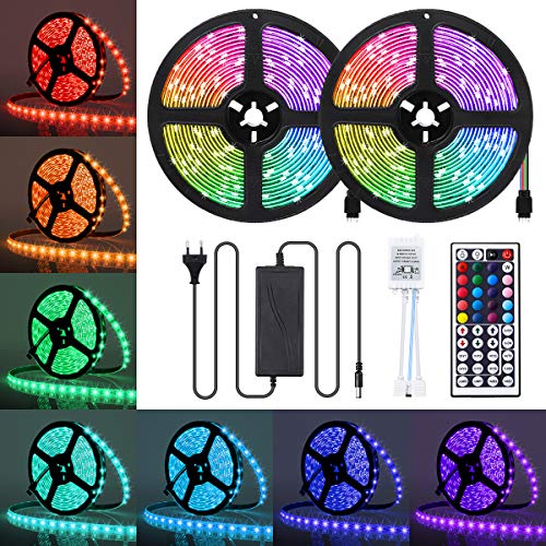 AMBOTHER LED Streifen 10M(2x5M) RGB LED Strip 5050 SMD 300(2×150) LEDs Lichtband IP65 Wasserdicht mit Netzteil 44-Tasten IR Fernbedienung selbstklebend Kit für Innen außen Beleuchtung Deko