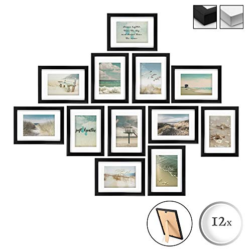 BOMOE 12er Set Bilderrahmen Ocean Bilder-Collagen Fotorahmen aus Holz, Plexiglas, Metall-Wandaufhängung, Stand-Aufsteller und Passepartout – 12 Holzrahmen á 13x18cm – Schwarz