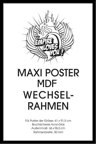 Wechselrahmen der Marke Shinsuke für Maxi-Poster der Grösse 61×91,5 cm aus MDF Holzfaserwerkstoff. Aussenmaß 96,4×65,8 cm – Holzoptik schwarz. 30mm P