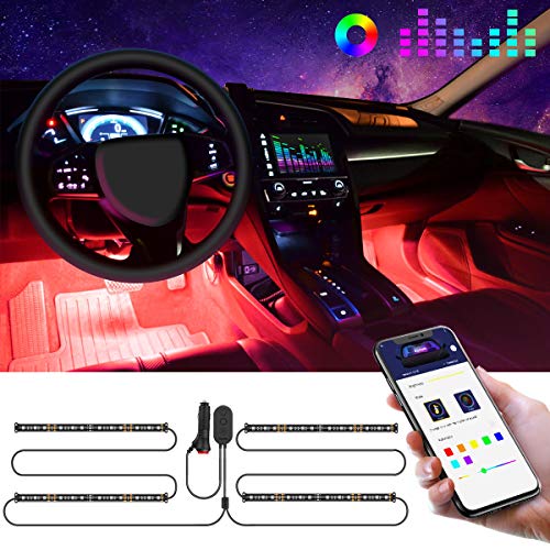 Govee LED Innenbeleuchtung Auto, 4pcs 48 LED Auto LED Strip, Upgrade Zwei-Linien-Design, Wasserdicht Beleuchtung APP Steuerbare mehrfarbig Musik Innenbeleuchtung mit Zigarettenanzünder, 12V