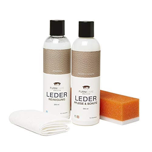 4-teiliges Lederpflege-Set Glattleder 250ml von Furnicare zum Schutz von Sofas, Sesseln, Auto-Leder, Schuhen oder Taschen, mit Ledercreme, Lederreiniger, Tuch und Schwamm, einfache Anwendung