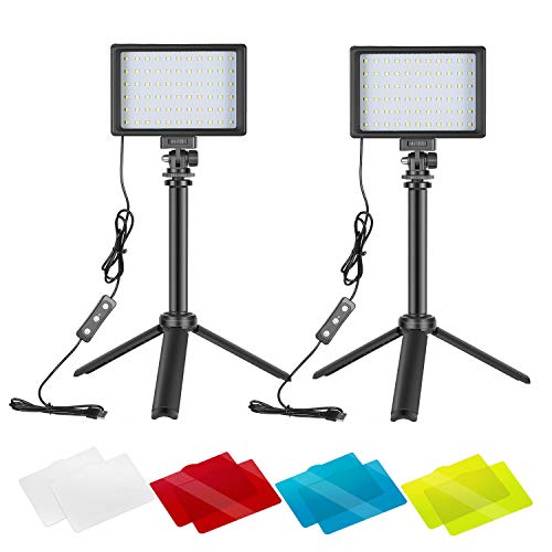 Neewer 2er Pack Beleuchtungsset für Fotografie tragbare dimmbar 5600K USB 66 LED Videoleuchte mit Mini Stativ und Farbfiltern für Foto-/Videostudioaufnahmen mit niedrigem Winkel