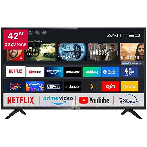 Antteq AV42F3 Fernseher 42 Zoll (106 cm) Smart TV mit Netflix, Prime Video, Rakuten TV, DAZN, Disney+, YouTube, UVM, WiFi, Triple-Tuner DVB-T2 / S2 / C, Dolby Audio