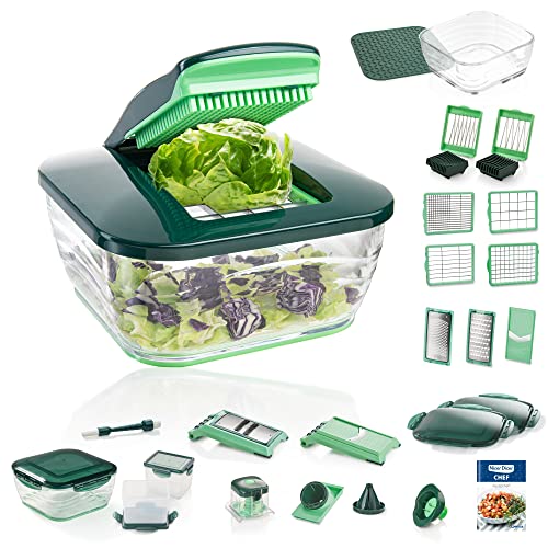 Genius Nicer Dicer Chef 34-in-1 Multifunktions-Profi-Gemüseschneider mit Glasschale und Tomatenschneider Gemüse | Teigwaren, Scheiben, Streifen, Spiralen, Julienne