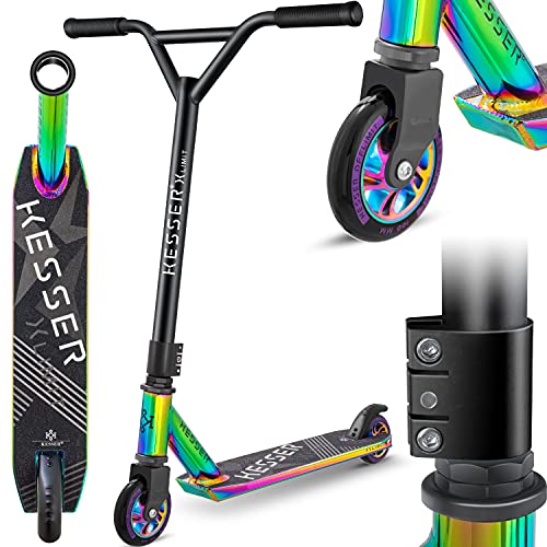 KESSER® Stunt Scooter X-Limit – 360° Lenkung Robuster Funscooter Stuntscooter mit ABEC 9 Kugellagern, 100 mm PU Räder, Kickscooter Tretroller Cityroller Trick Roller für Kinder Erwachsene, Rainbow